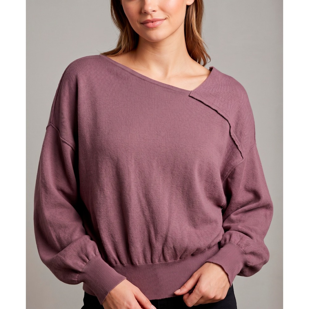 Free People Womens XS Plum Mauve Asymmetrical Neck Cashmere Blend Knit Sweater